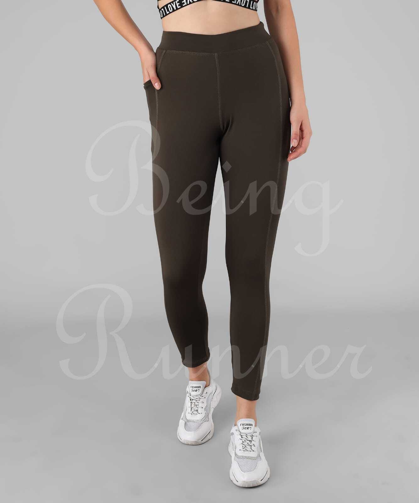 Being Runner Women Solid Olive Yoga Legging Tights Age Group: Adults