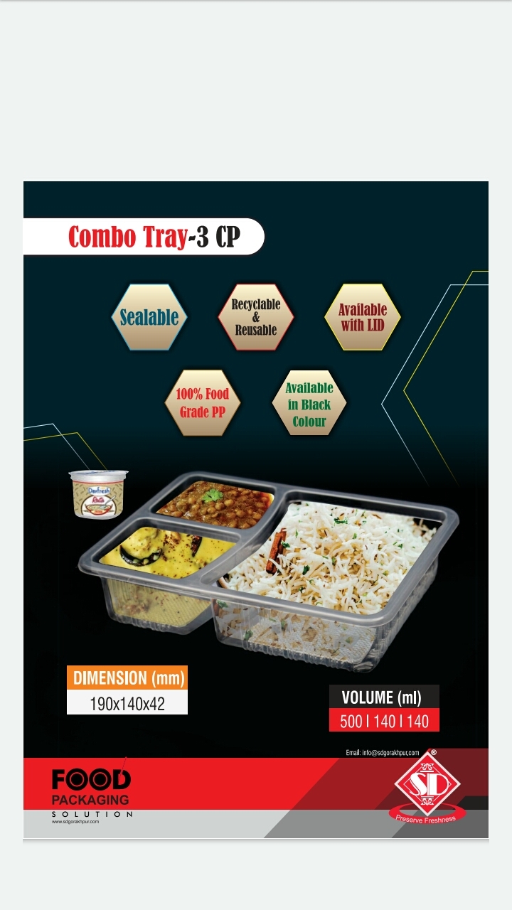 Combo Meals Tray - 140 X 190 Mm, 500g Capacity, 3 Compartments, Transparent Pp, Rectangular Shape, Disposable , Eco-friendly Food Container