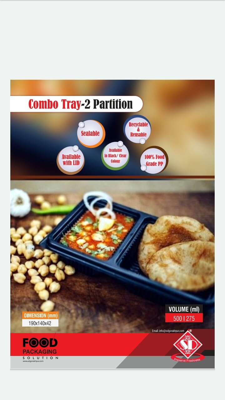 Combo Meals Tray - 140 X 190 Mm, 500g Capacity, 3 Compartments, Transparent Pp, Rectangular Shape, Disposable , Eco-friendly Food Container