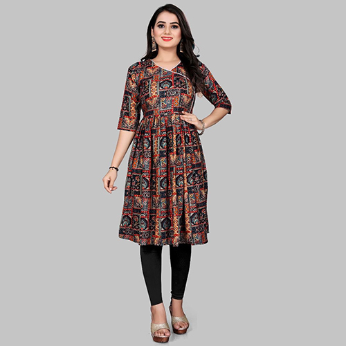 Full Stitched Rayon Premium Viscos Kurti - Black, 3-4th Sleeve Printed Design | Quick Dry, Washable, Ideal for Party Wear