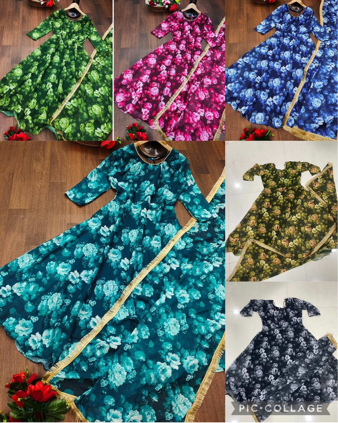 Farahkurti - Georgette Anarkali Gown 52" With Lace Border, Sky-blue Color, Digital Printed, Available In Sizes S-5xl, 3/4 Sleeve Style, Perfect For Casual And Party Wear