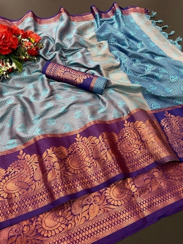 कैज़ुअल तनसुई पैन ब्लू सिल्क साड़ी