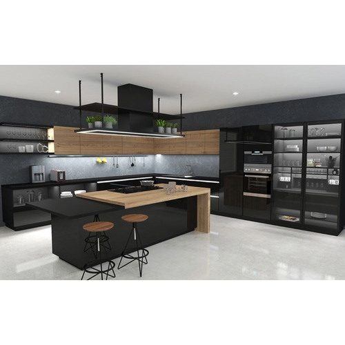 Modular Kitchen Service - Wood, Metal, Glass Materials | Customizable Dimensions, Glossy Red Finish, Professional Installation, 1 Year Warranty, Base, Wall, Tall Cabinets