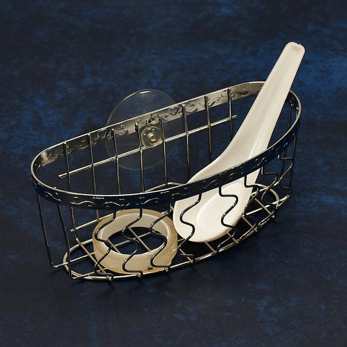 Stainless Steel Hanging Storage Holder - 17x8x7 Cm , Silver Finish, Hook Design For Easy Installation And Reusable Suction, Perfect For Bathroom Essentials