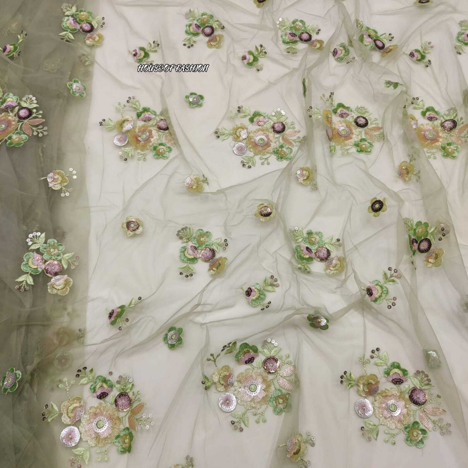 Mono Dyeable Net Fabric - Mono Nylon Net (44" Inch) , Multi Colour Sequins Embroidered With Tone To Tone Thread Work In 4 Colour Shades