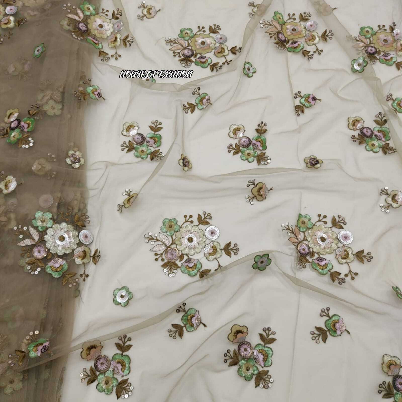 Mono Dyeable Net Fabric - Mono Nylon Net (44" Inch) , Multi Colour Sequins Embroidered With Tone To Tone Thread Work In 4 Colour Shades
