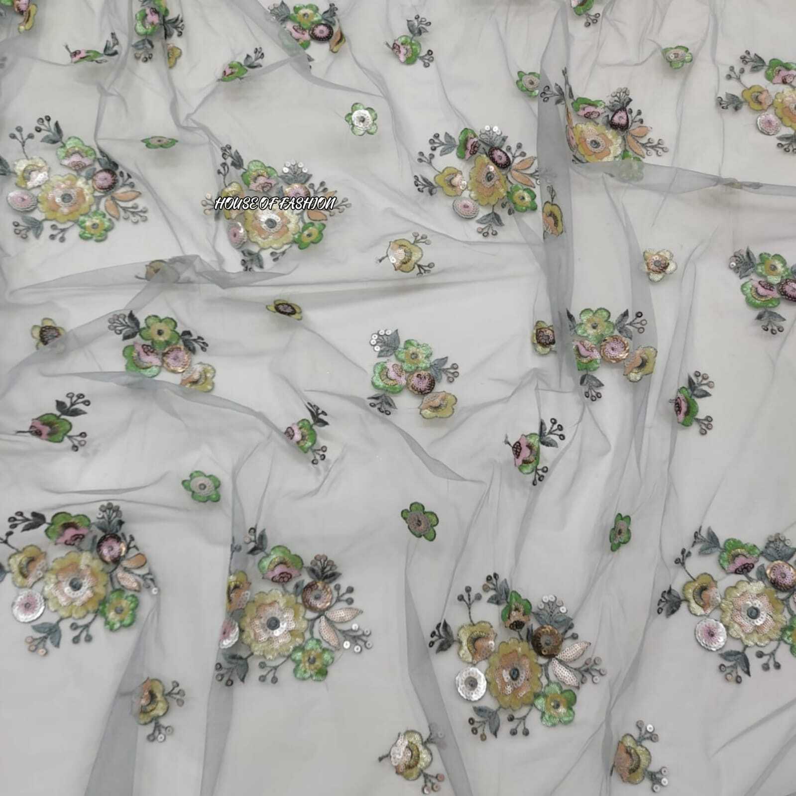 Mono Dyeable Net Fabric - Mono Nylon Net (44" Inch) , Multi Colour Sequins Embroidered With Tone To Tone Thread Work In 4 Colour Shades