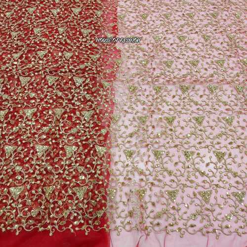 Mono Nylon Net Fabric - 44 Inch, Heavy Coding Dori Embroidered With Sequins In Valentine Red & Ocean Blue | Soft Texture, Elegant Pattern