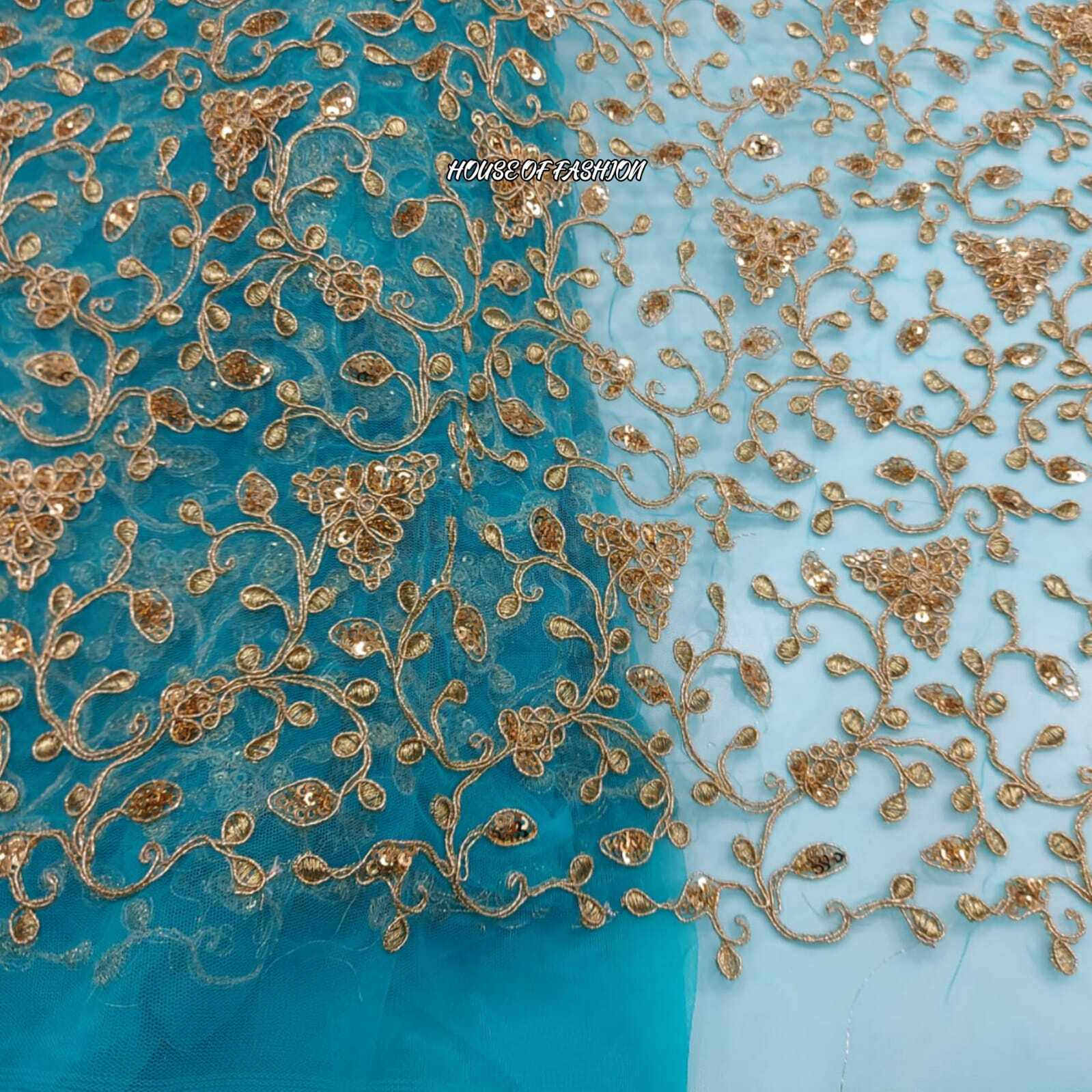 Mono Nylon Net Fabric - 44 Inch, Heavy Coding Dori Embroidered With Sequins In Valentine Red & Ocean Blue | Soft Texture, Elegant Pattern