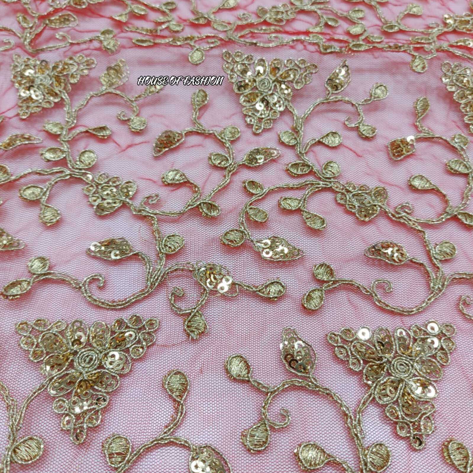 Mono Nylon Net Fabric - 44 Inch, Heavy Coding Dori Embroidered With Sequins In Valentine Red & Ocean Blue | Soft Texture, Elegant Pattern