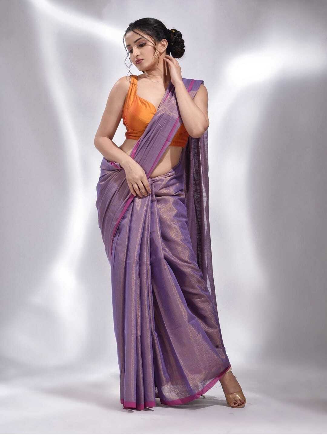 Tissue Saree - Cotton Silk, Purple With Golden Wired Design | Classy, Printed Pattern, Perfect For Every Season