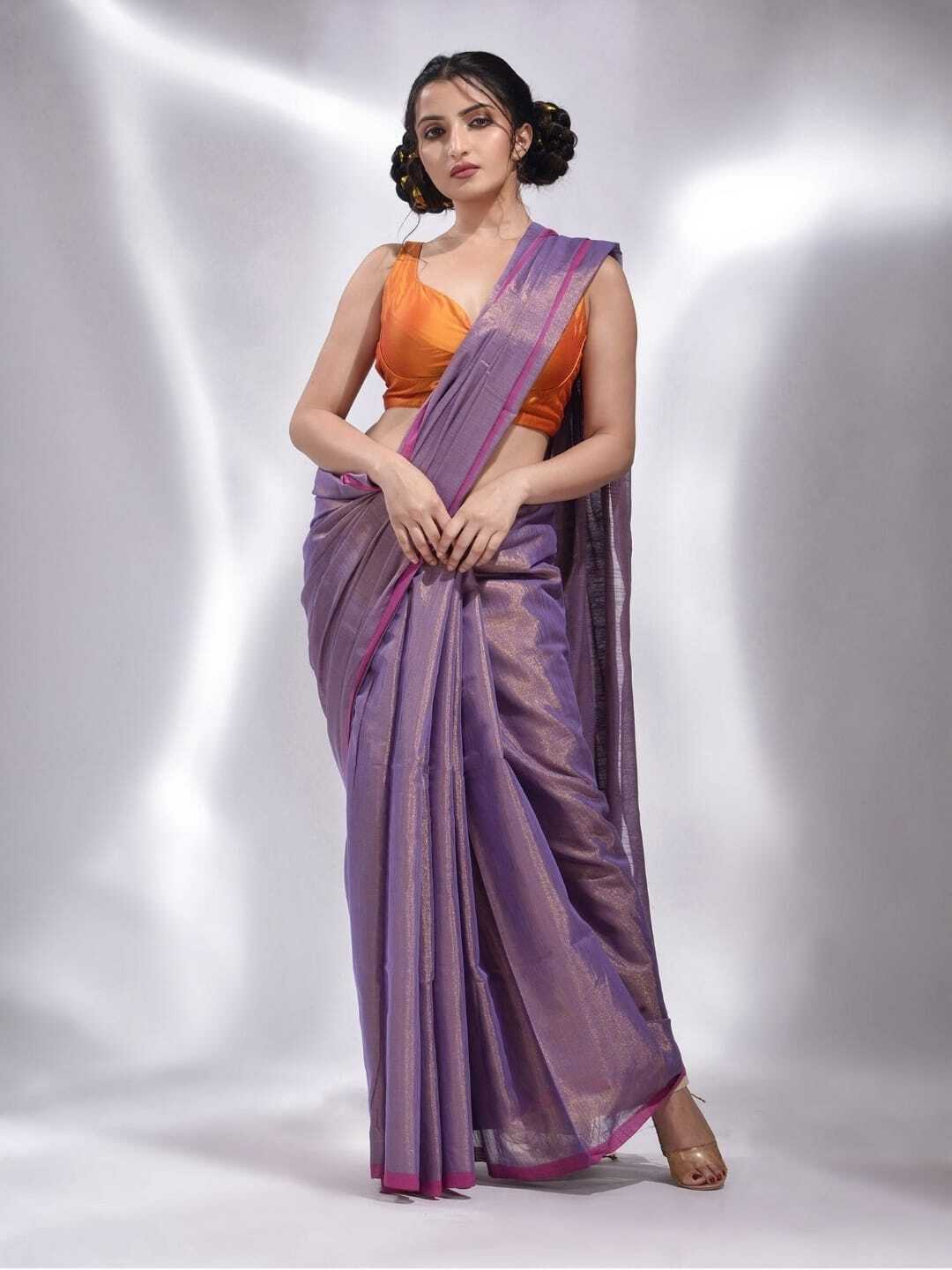 Tissue Saree - Cotton Silk, Purple With Golden Wired Design | Classy, Printed Pattern, Perfect For Every Season