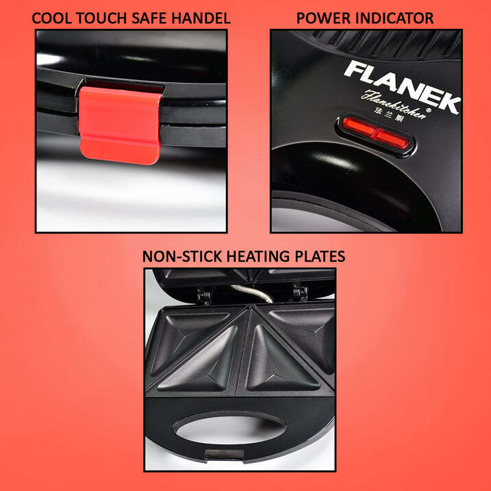 Sandwich Maker - Stainless Steel, 26x26x11 Cm | Sleek Black Design, Lightweight 1145 Gm