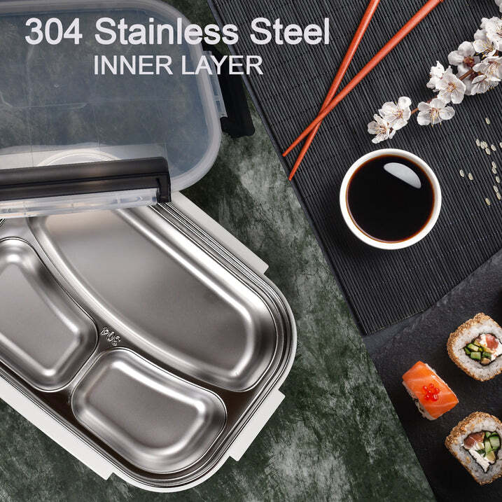 White Transparent Lunch Box - Stainless Steel Interior, 28x22x8 Cm | 3 Compartments, Detachable Tray, Stylish & Durable Design