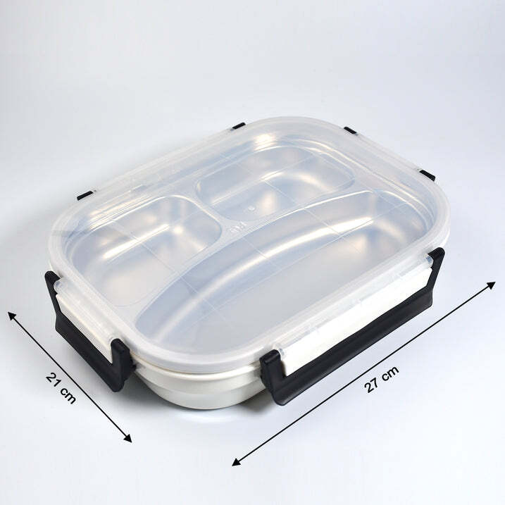 White Transparent Lunch Box - Stainless Steel Interior, 28x22x8 Cm | 3 Compartments, Detachable Tray, Stylish & Durable Design