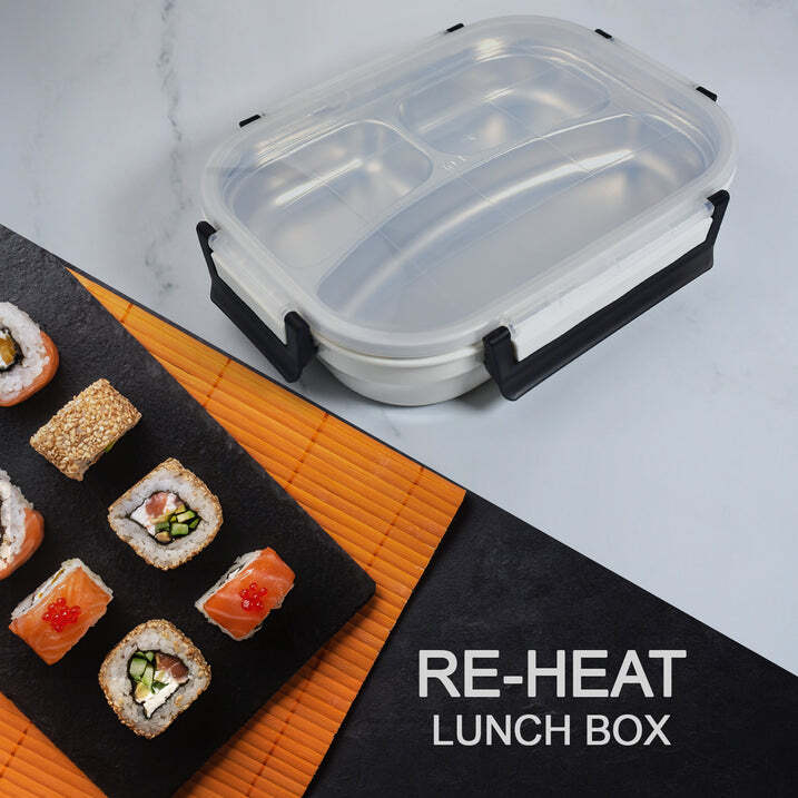 White Transparent Lunch Box - Stainless Steel Interior, 28x22x8 Cm | 3 Compartments, Detachable Tray, Stylish & Durable Design