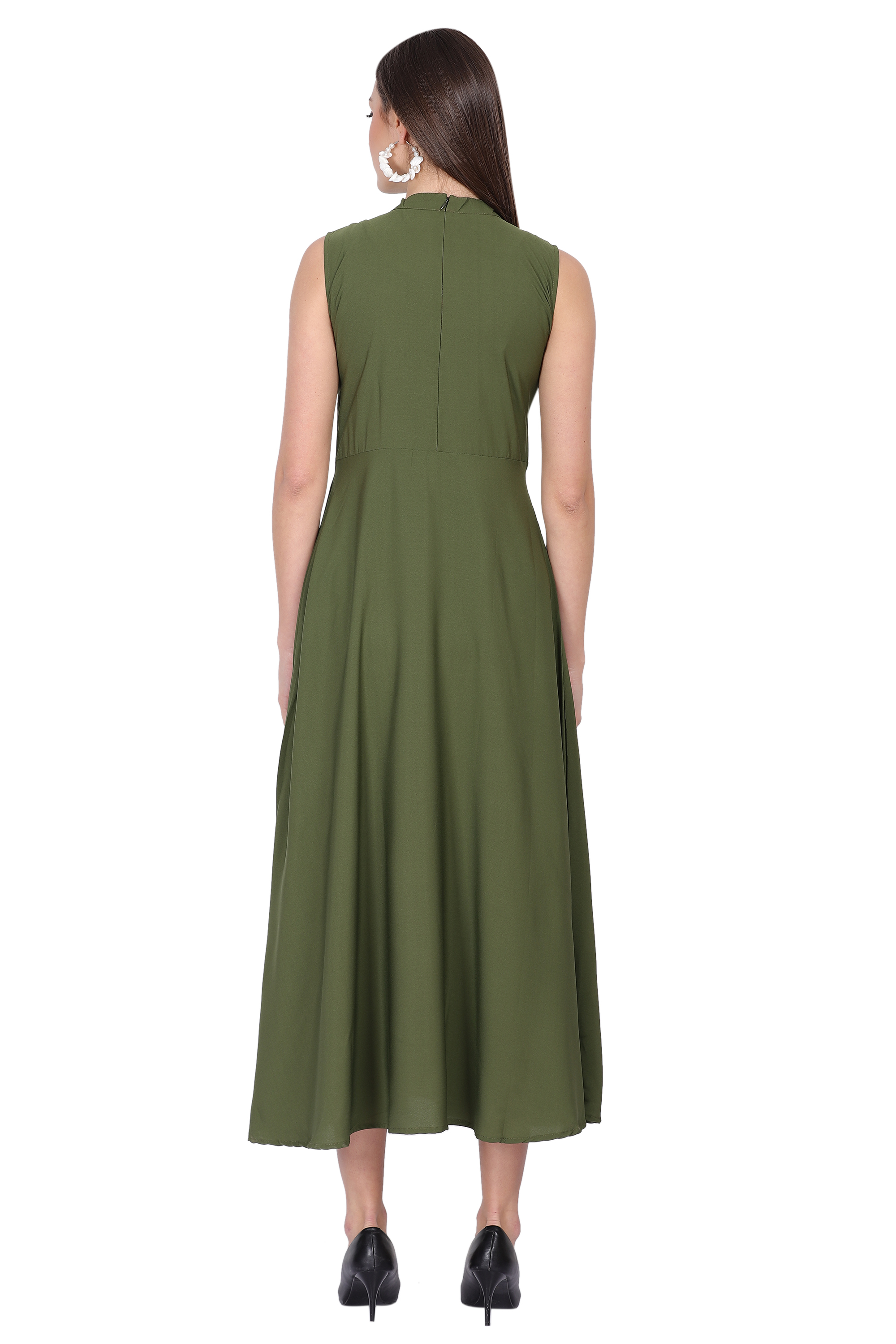 Ic-11622 Oceanista Crepe Dress - Cotton Blend, Midi Length, Olive Green | Sleeveless, Wrap Style, Elegant Design, Versatile For Formal Events And Casual Outings