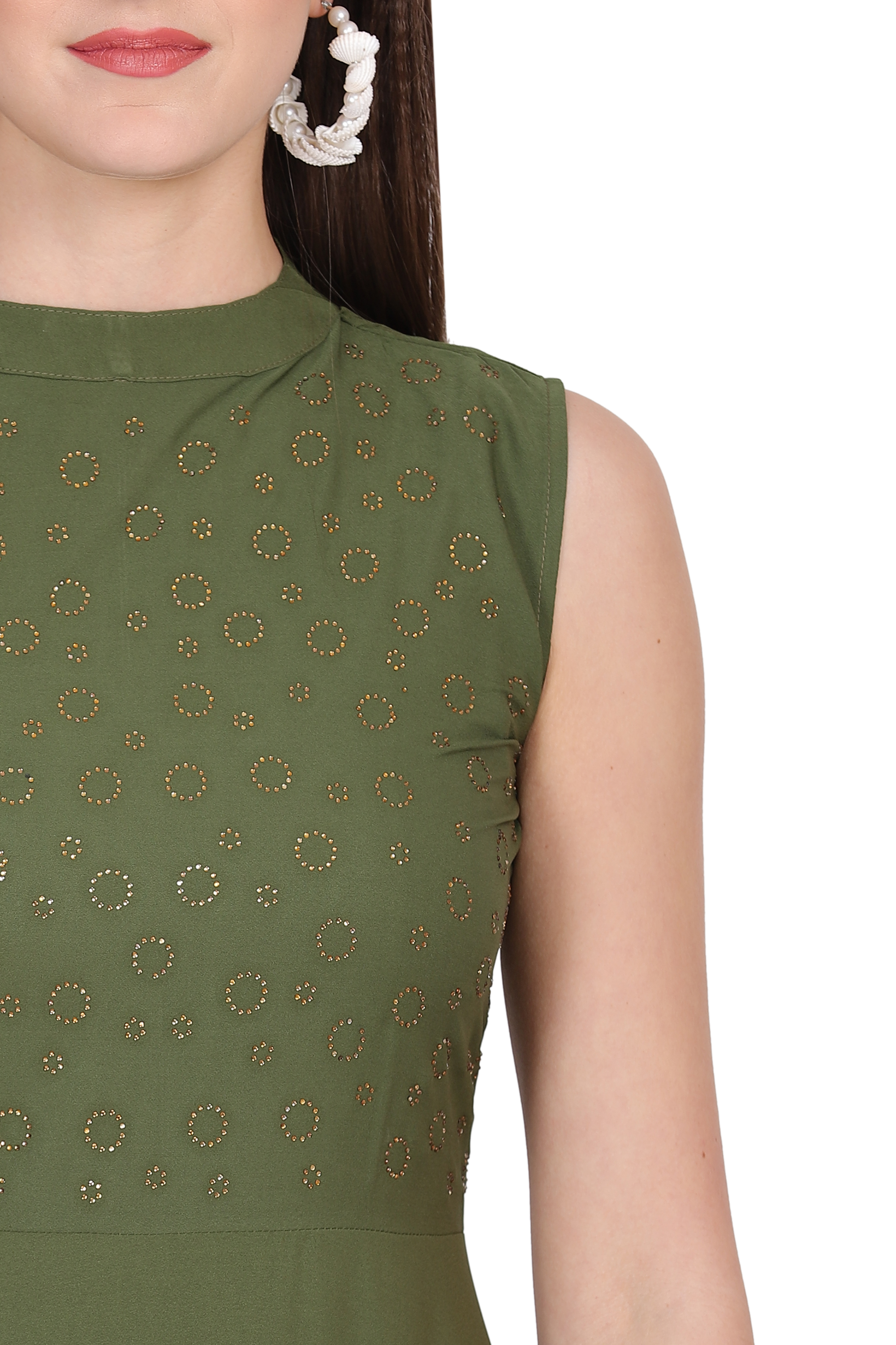 Ic-11622 Oceanista Crepe Dress - Cotton Blend, Midi Length, Olive Green | Sleeveless, Wrap Style, Elegant Design, Versatile For Formal Events And Casual Outings