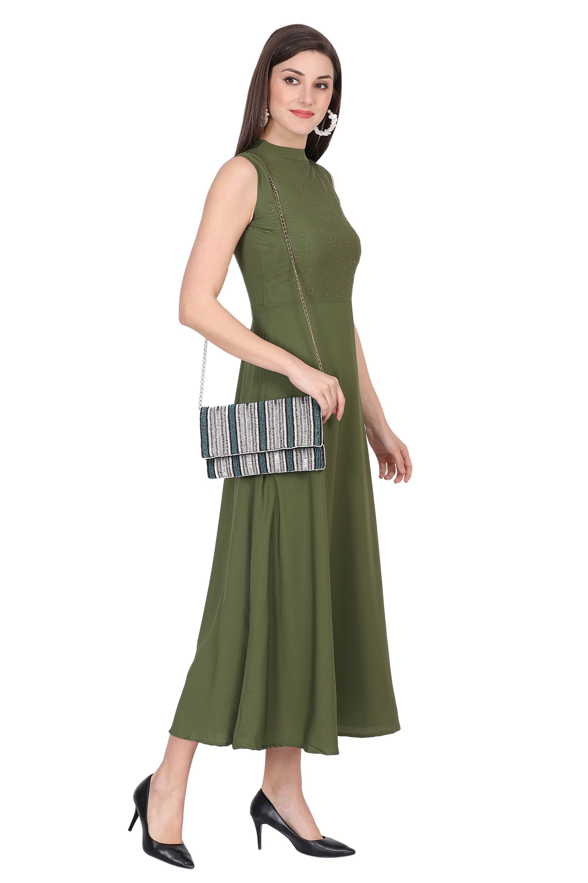 Ic-11622 Oceanista Crepe Dress - Cotton Blend, Midi Length, Olive Green | Sleeveless, Wrap Style, Elegant Design, Versatile For Formal Events And Casual Outings
