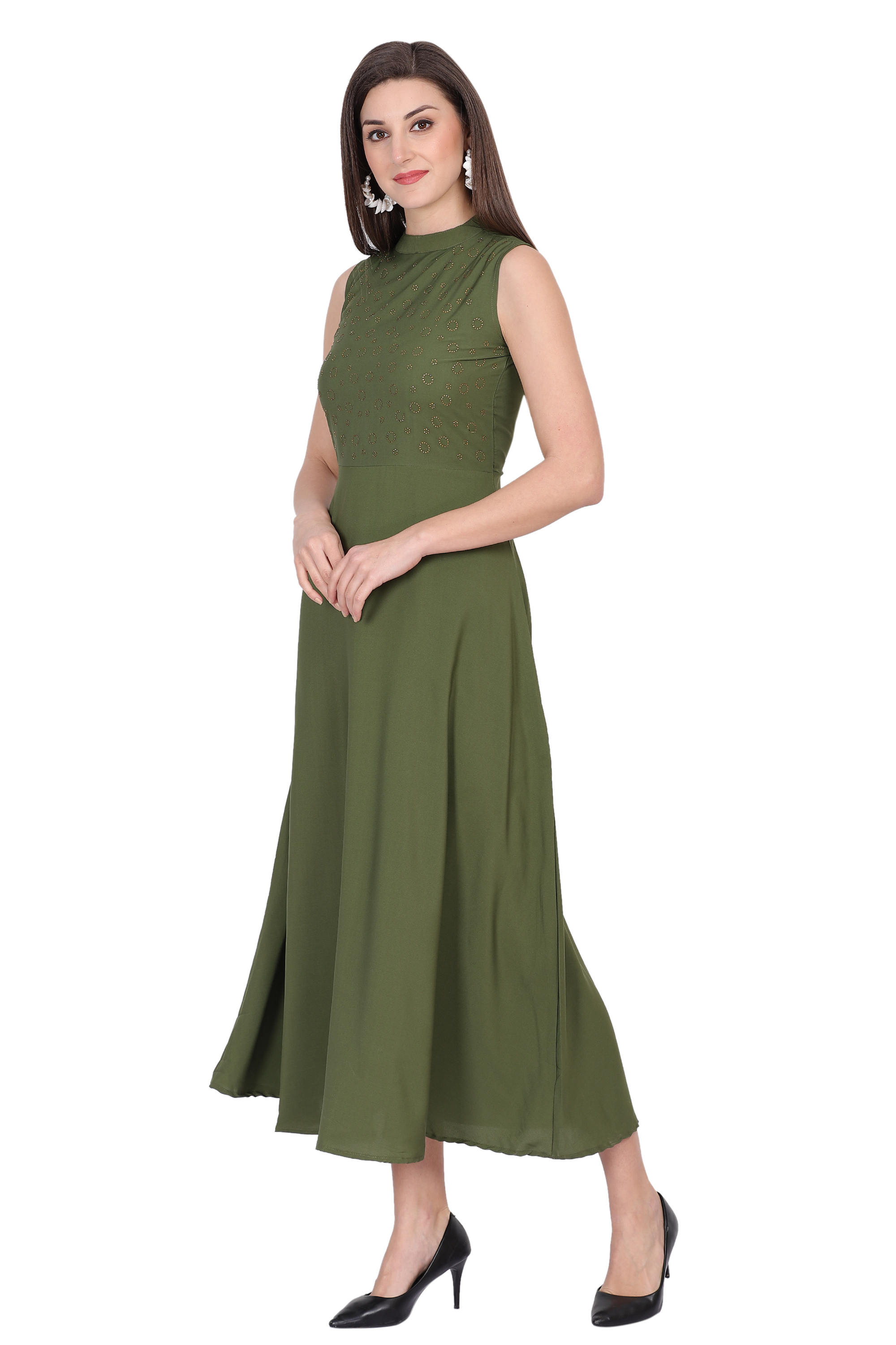 Ic-11622 Oceanista Crepe Dress - Cotton Blend, Midi Length, Olive Green | Sleeveless, Wrap Style, Elegant Design, Versatile For Formal Events And Casual Outings
