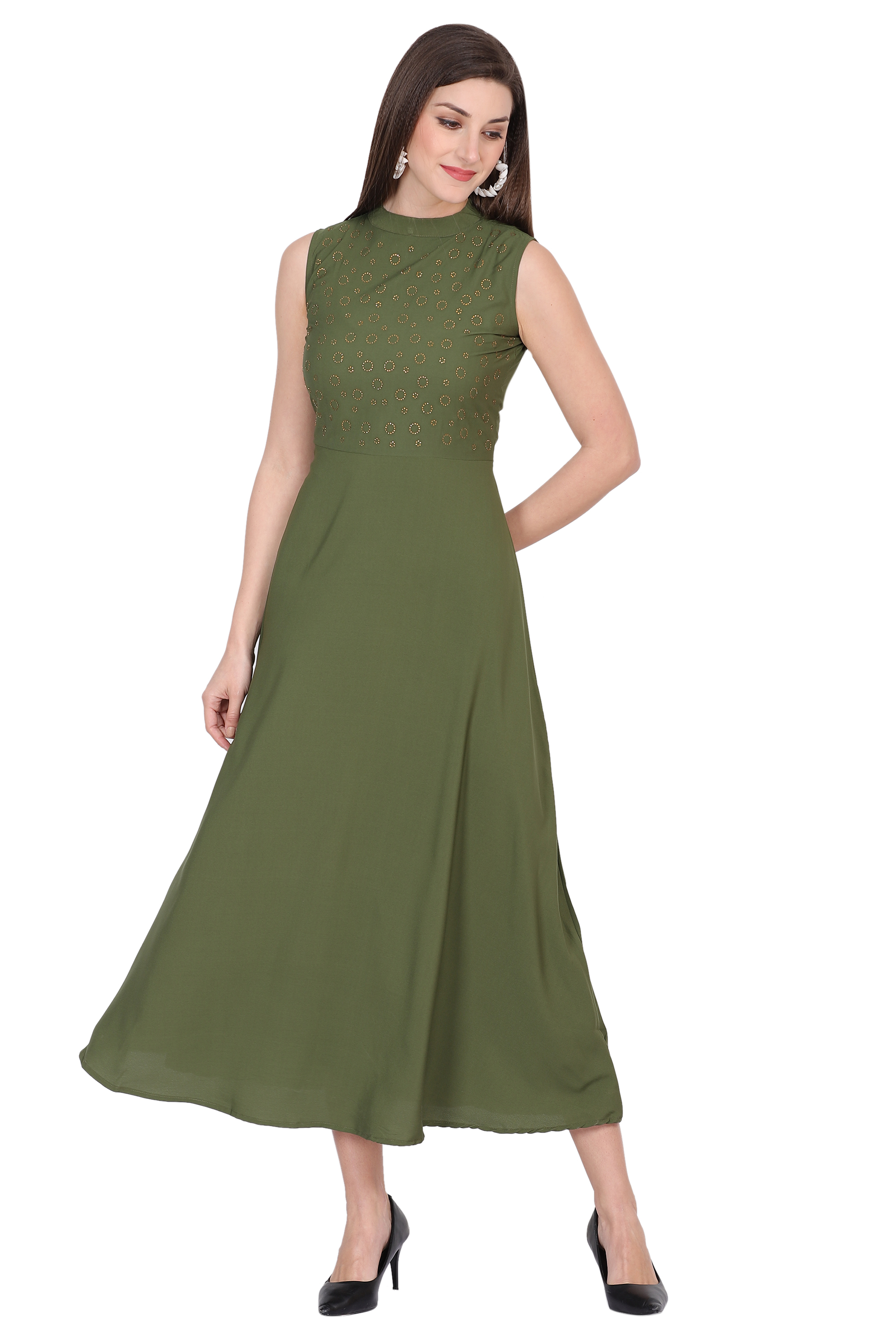 Ic-11622 Oceanista Crepe Dress - Cotton Blend, Midi Length, Olive Green | Sleeveless, Wrap Style, Elegant Design, Versatile For Formal Events And Casual Outings