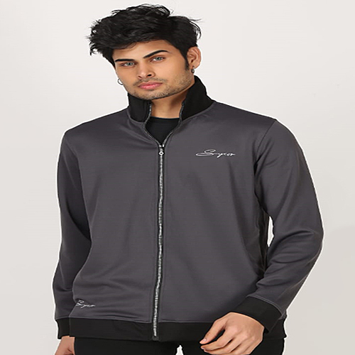 Men's Polyester Grey & Black Hoodie Jacket - Adjustable Strap, Full Sleeves, Double Pockets | Breathable And Washable Design