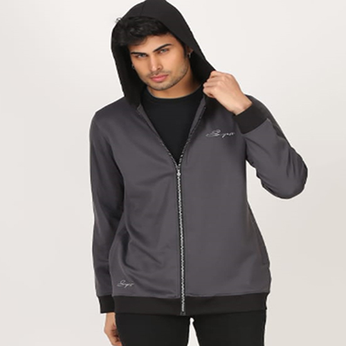 Men's Polyester Grey & Black Hoodie Jacket - Adjustable Strap, Full Sleeves, Double Pockets | Breathable And Washable Design