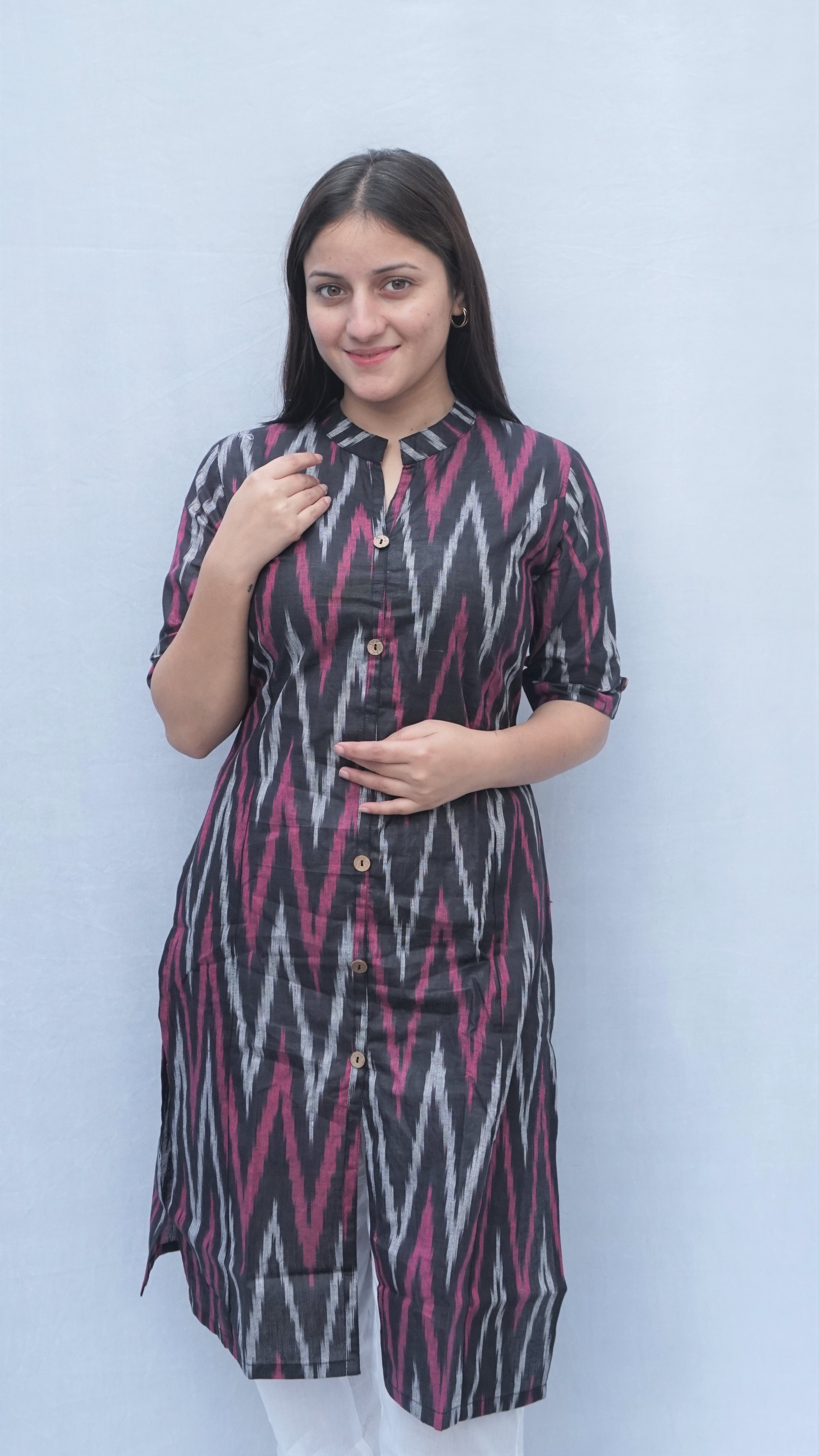 Cotton Round Collar Kurti - 38 Inch Bust, Black Color, Knee Length | Breathable, Cool Dry, Quick Dry, Washable, Half Sleeve Design, Printed Pattern