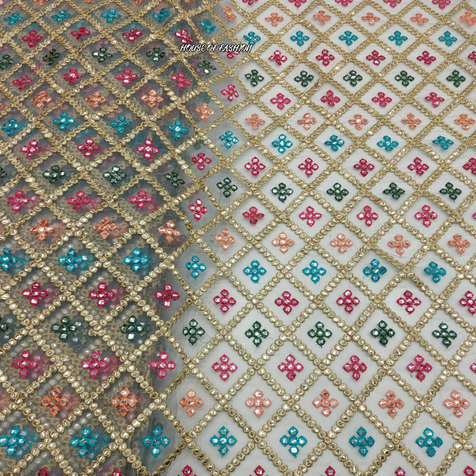 Mono Net Fabric - Soft Nylon Net (44" Inch) , Grey Color With Multi Thread Zari Embroidery And Mirror Work, Ideal For Apparel, Crafts, Home Decor