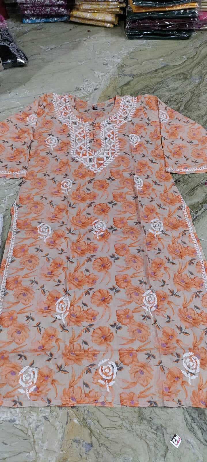 Lucknowi Latest Mulmul Printed Cottton Kurti Fabric Hand Work Embroidery Length-42