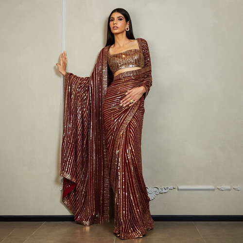 Maroon Heavy Sequence Embroidery Georgette Saree