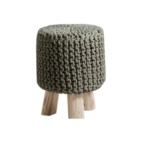 Knitted Cotton Pouffe Footstool - Wooden Base, Modern Design | Indian Style Aesthetic, Cozy Comfort