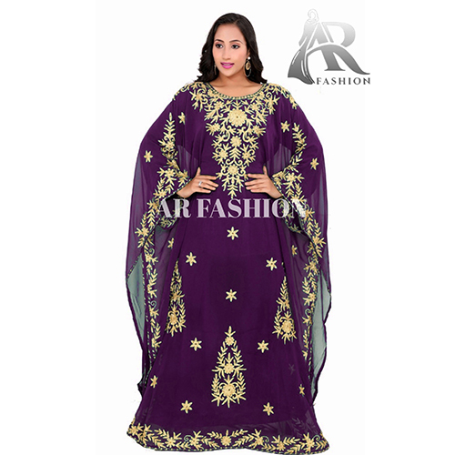 Royal Dubai Moroccan Aaree Work Arabians Abaya Georgette Kaftan Bust Size: 52 Inch (In)