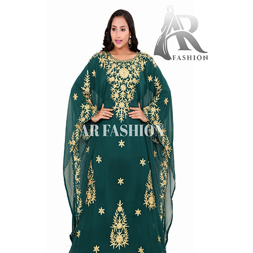 Royal Dubai Moroccan Aaree Work Arabians Abaya Georgette Kaftan Bust Size: 52 Inch (In)