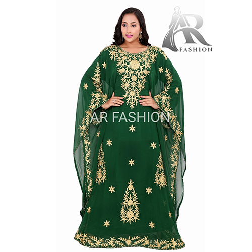 Royal Dubai Moroccan Aaree Work Arabians Abaya Georgette Kaftan Bust Size: 52 Inch (In)