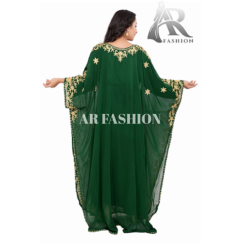 Royal Dubai Moroccan Aaree Work Arabians Abaya Georgette Kaftan Bust Size: 52 Inch (In)