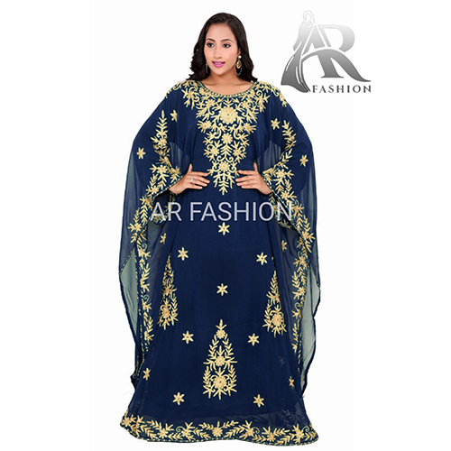 Royal Dubai Moroccan Aaree Work Arabians Abaya Georgette Kaftan Bust Size: 52 Inch (In)