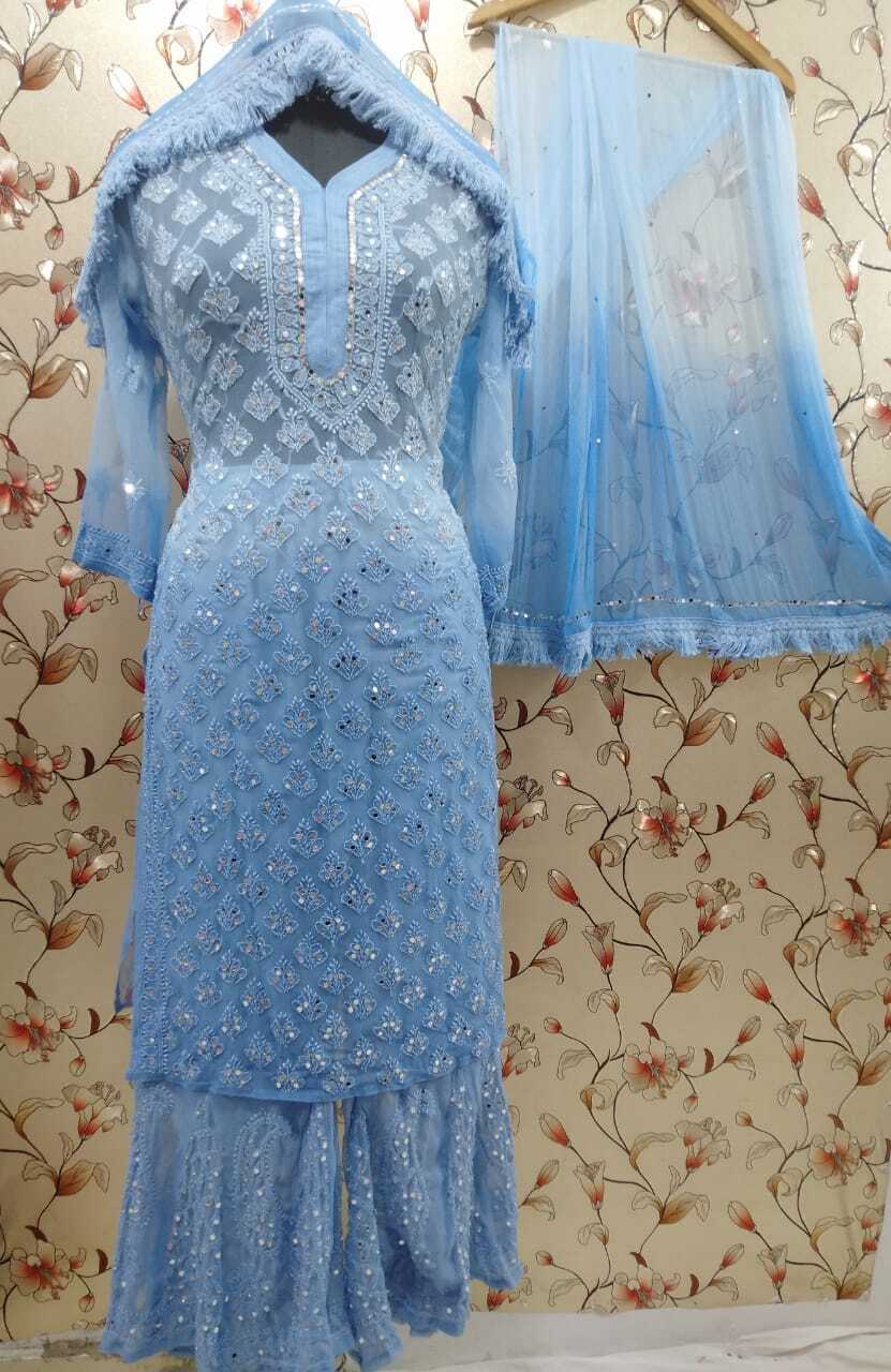 Lucknowi Latest Chiffon Booti Jall Kurti With Inner Sharara And Dupatta Set Mirror And Hand Work Embroiderd