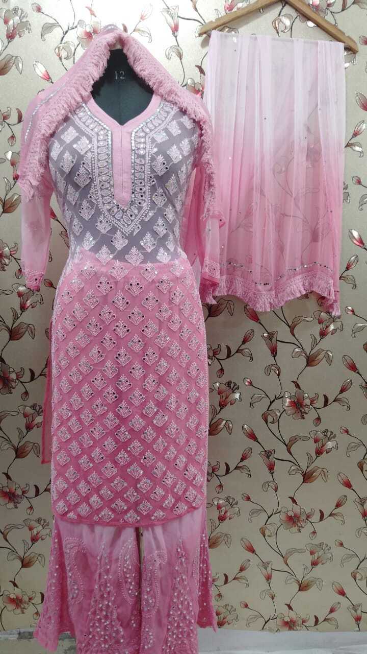 Lucknowi Latest Chiffon Booti Jall Kurti With Inner Sharara And Dupatta Set Mirror And Hand Work Embroiderd