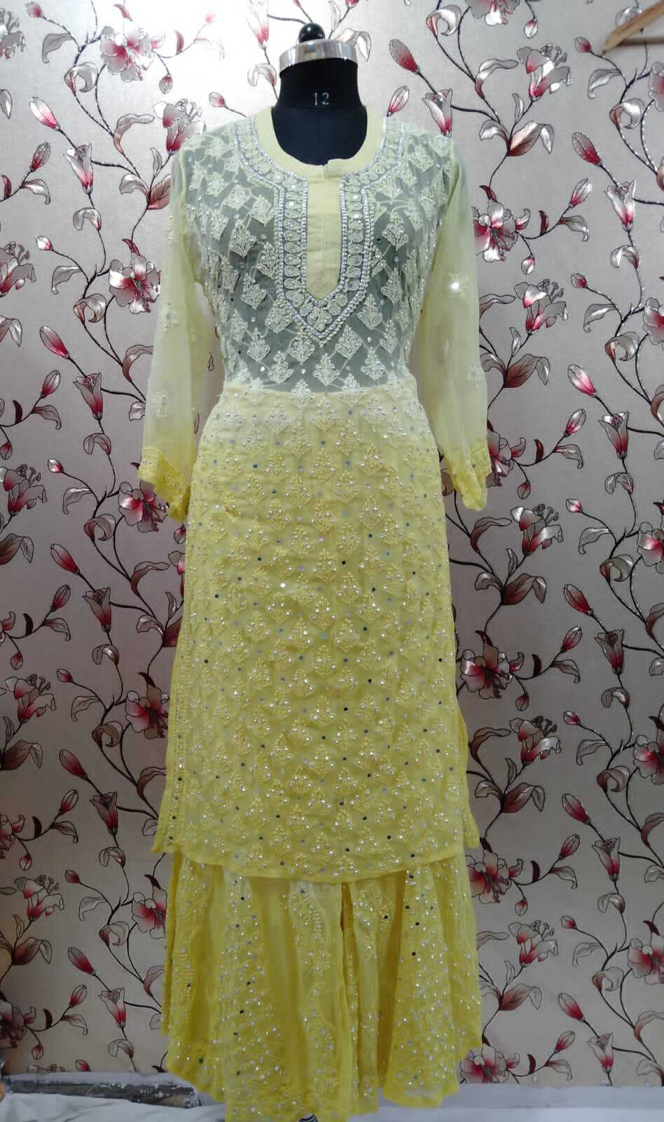 Lucknowi Latest Chiffon Booti Jall Kurti With Inner Sharara And Dupatta Set Mirror And Hand Work Embroiderd