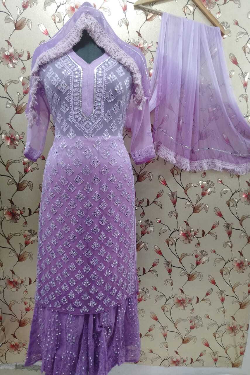 Lucknowi Latest Chiffon Booti Jall Kurti With Inner Sharara And Dupatta Set Mirror And Hand Work Embroiderd
