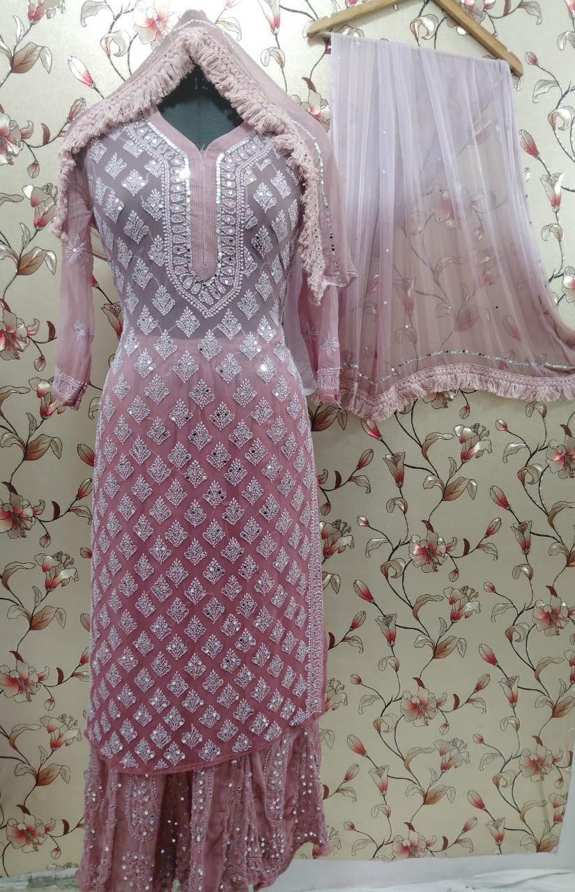 Lucknowi Latest Chiffon Booti Jall Kurti With Inner Sharara And Dupatta Set Mirror And Hand Work Embroiderd