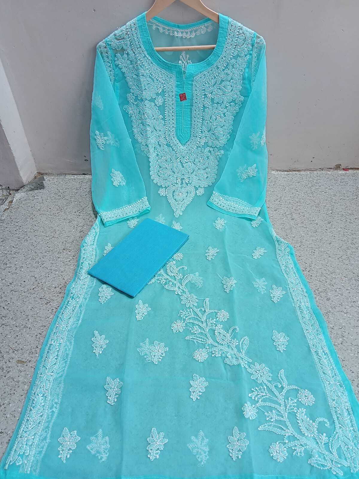 Lucknowi Latest Chiffon Gala Booti Kurti - Length 42 Inch, Size L To Xxxl, Quick Dry, Embroidered Pattern, 3-4th Sleeve, Ideal For Rainy & Spring Seasons