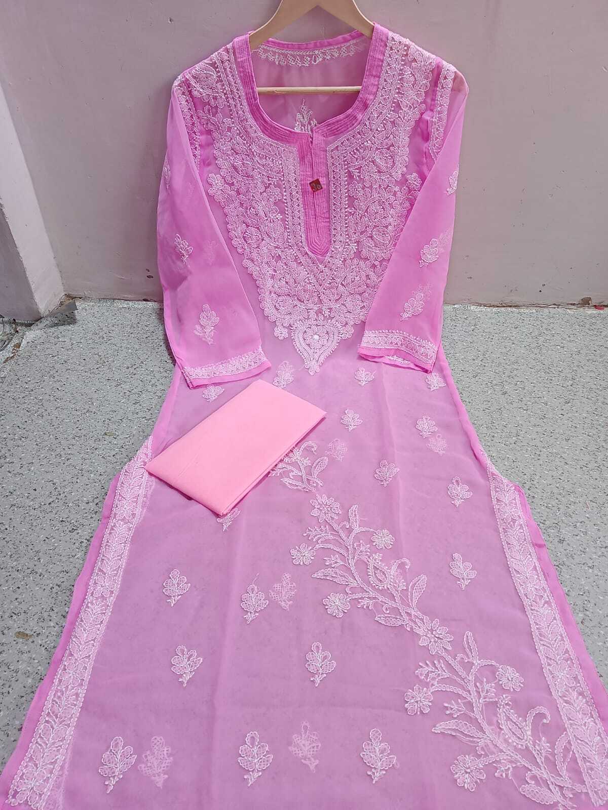 Lucknowi Latest Chiffon Gala Booti Kurti - Length 42 Inch, Size L To Xxxl, Quick Dry, Embroidered Pattern, 3-4th Sleeve, Ideal For Rainy & Spring Seasons