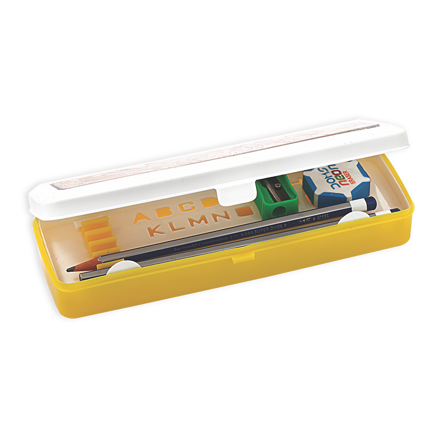 Uno Pencil Box - Virgin Pp Plastic, Multicolor | Fun Maze Game, Dual Compartments, Lift-up Tray, Stencil With A-z & 0-9 On Inner Lid