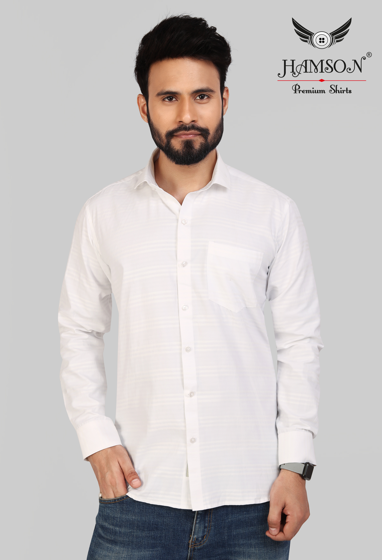 Mens Cotton Blended Stripes Shirts Ace 4 - Cotton Blend, Sizes L/xl/xxl, Color: White | Anti-wrinkle, Breathable, Washable, Standard Collar, Full Sleeves