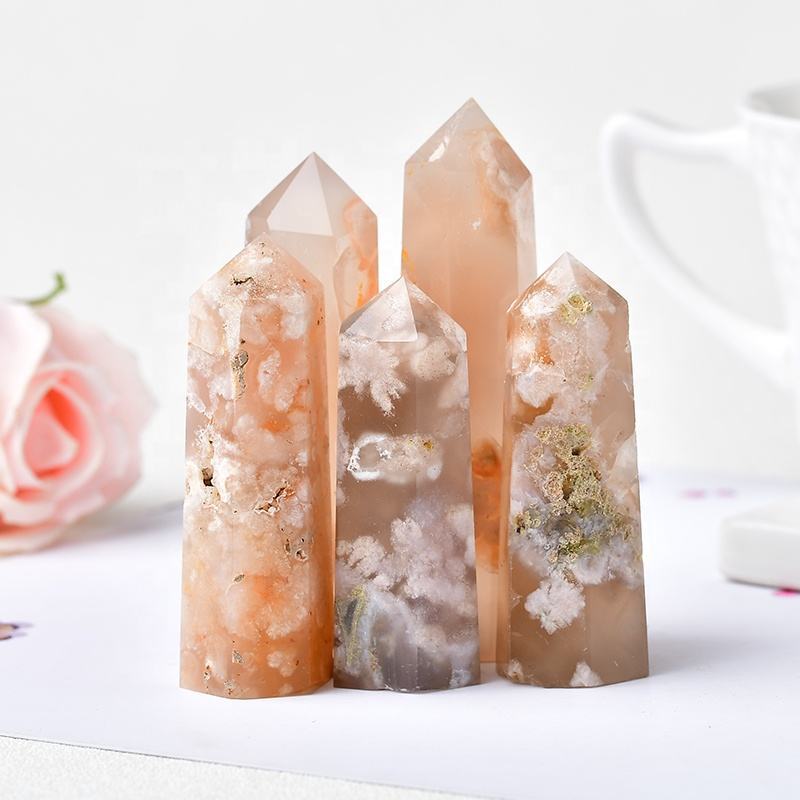 Cherry Blossom Gemstone Crystal Tower Pencil Point Healing Wand Stick - Grade: Aaa