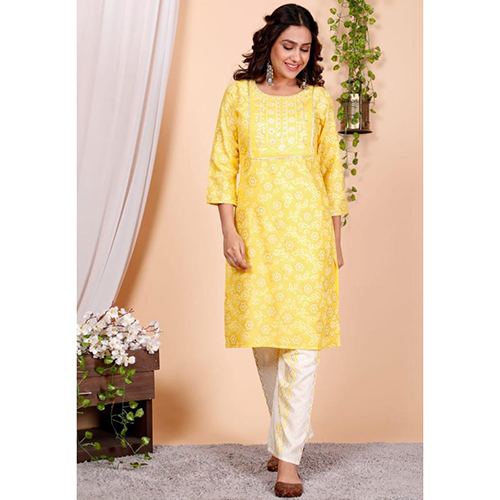 Ladies Yellow Kurti With Pant - Cotton Material, Customized Size | Washable Daily Wear Comfort