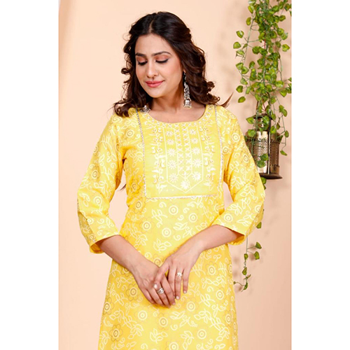 Ladies Yellow Kurti With Pant - Cotton Material, Customized Size | Washable Daily Wear Comfort