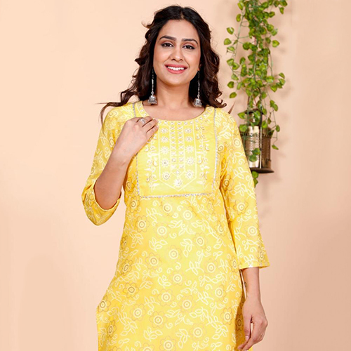 Ladies Yellow Kurti With Pant - Cotton Material, Customized Size | Washable Daily Wear Comfort